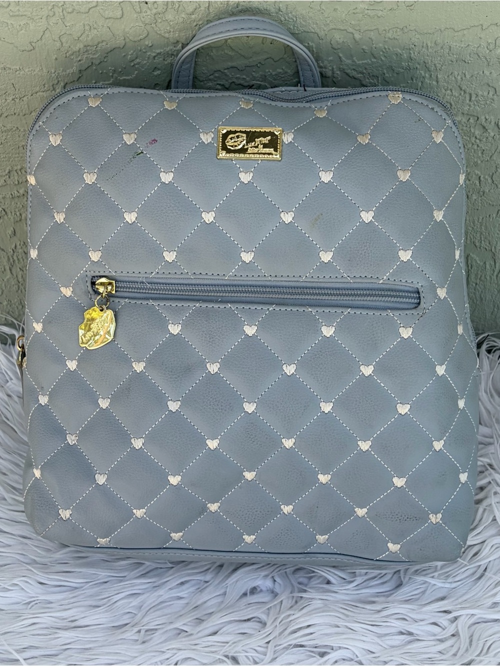 Betsey Johnson Quilted Light Blue Heart Accent Backpack with Gold Hardware